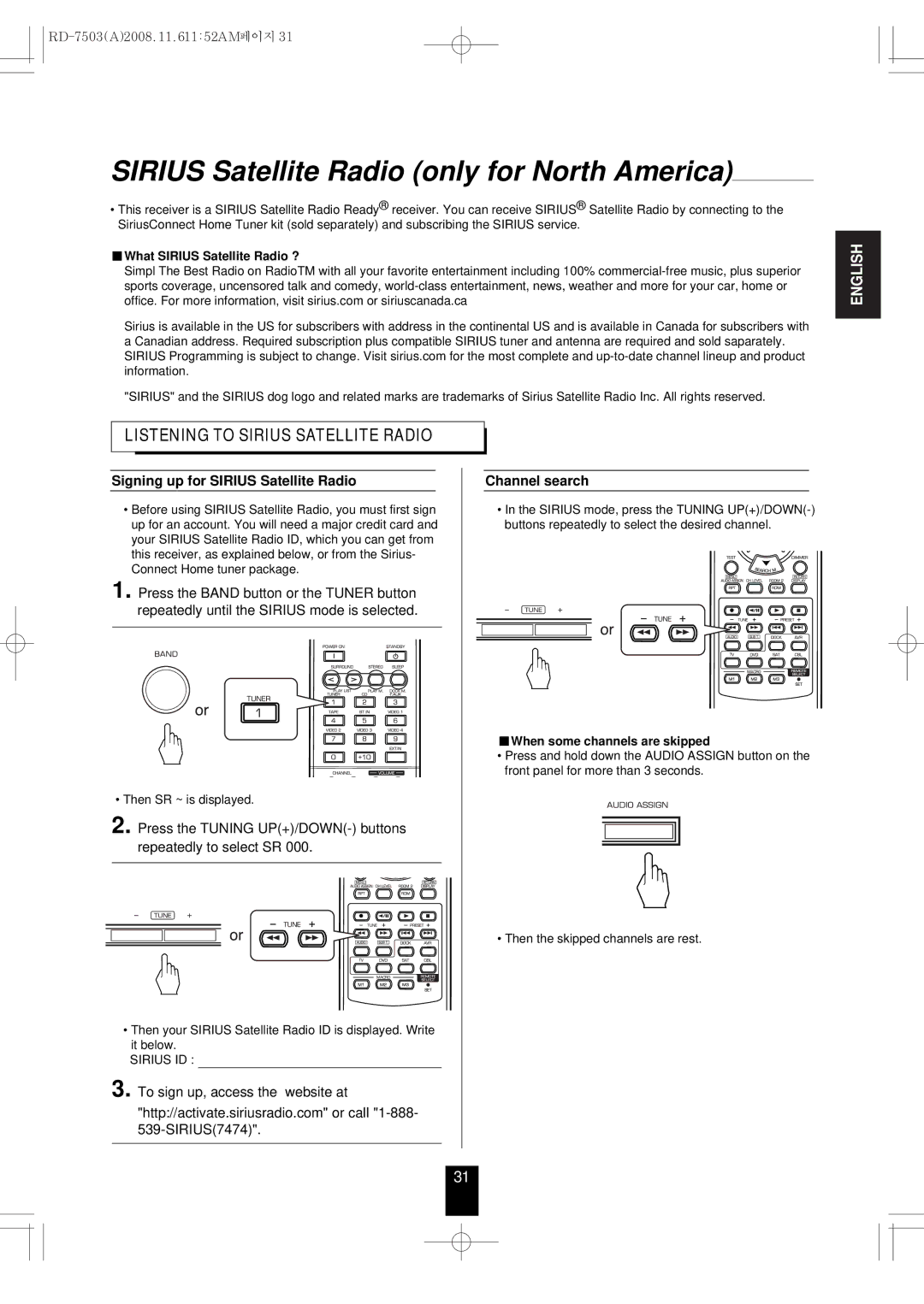 Sherwood RD-7503 Sirius Satellite Radio only for North America, Signing up for Sirius Satellite Radio, Channel search 