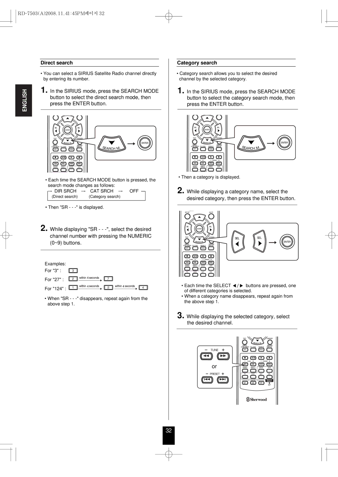 Sherwood RD-7503 manual Direct search, Category search, → DIR Srch → CAT Srch → OFF 