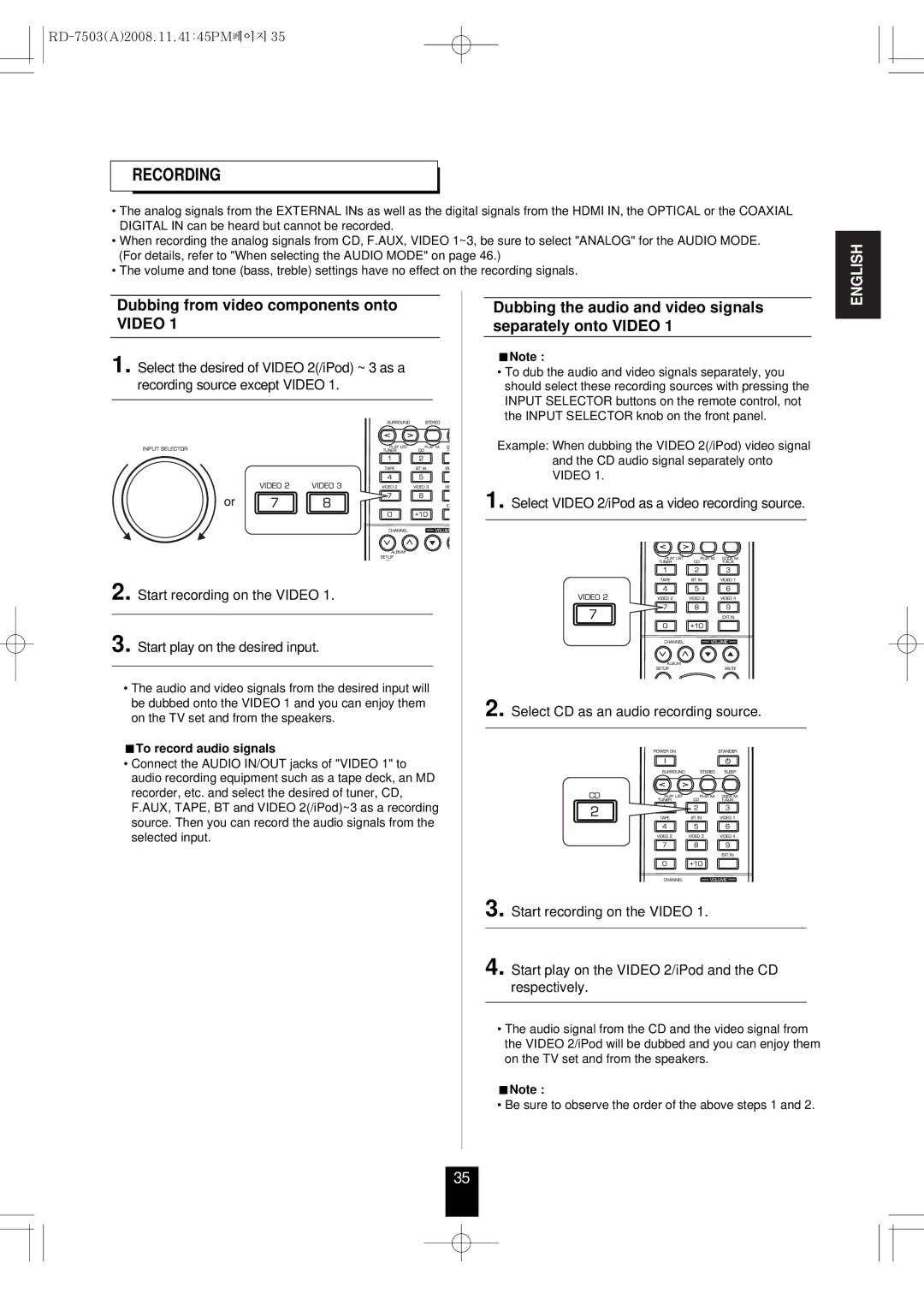 Sherwood RD-7503 manual Recording, Dubbing from video components onto, Video, To record audio signals 