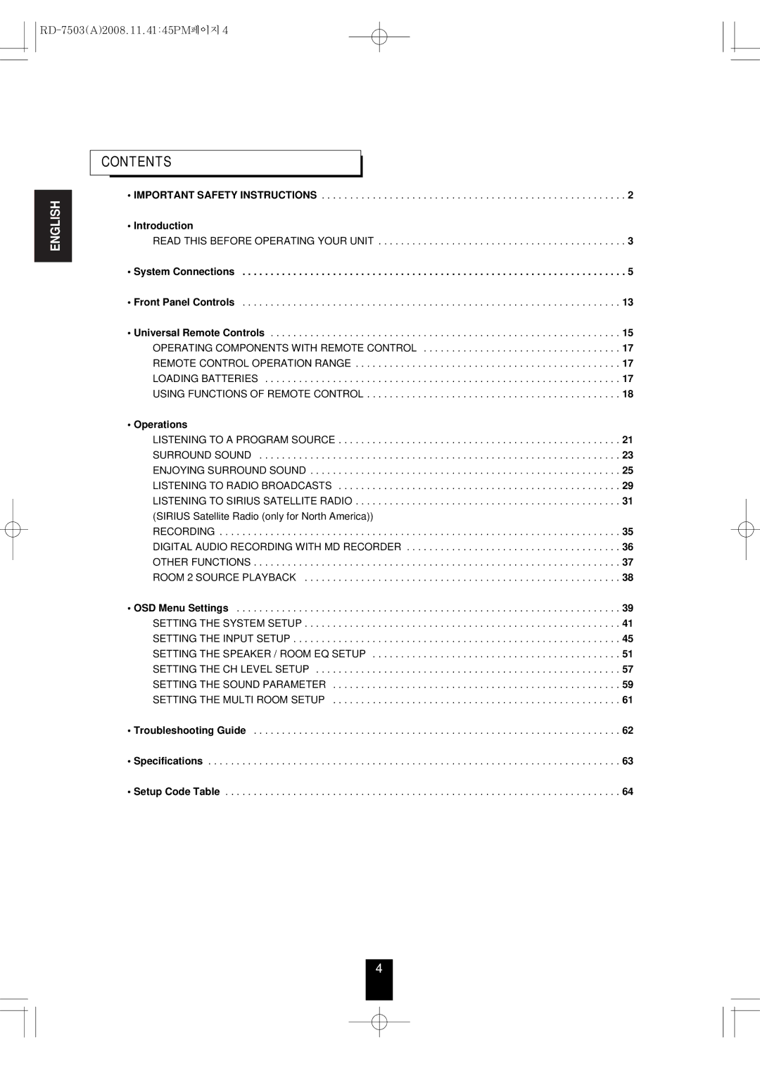 Sherwood RD-7503 manual Contents 