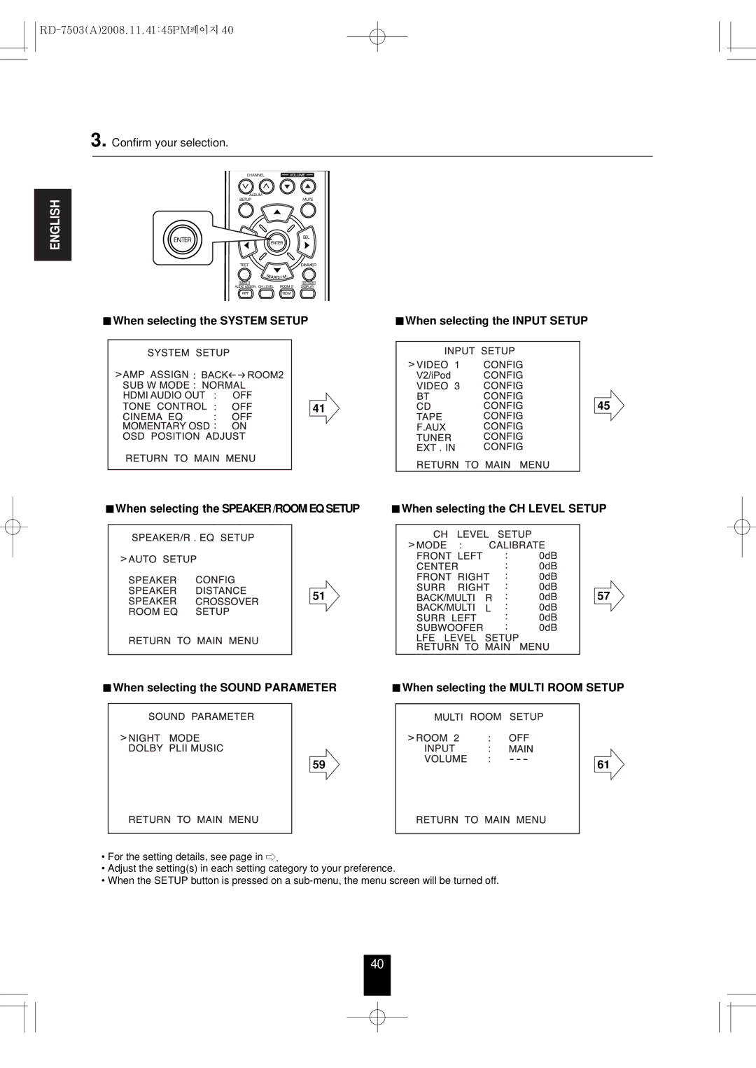 Sherwood RD-7503 manual When selecting the CH Level Setup, When selecting the SPEAKER/ROOMEQSETUP 