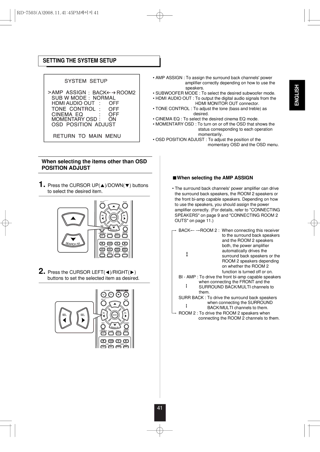 Sherwood RD-7503 manual Setting the System Setup, When selecting the items other than OSD Position Adjust 