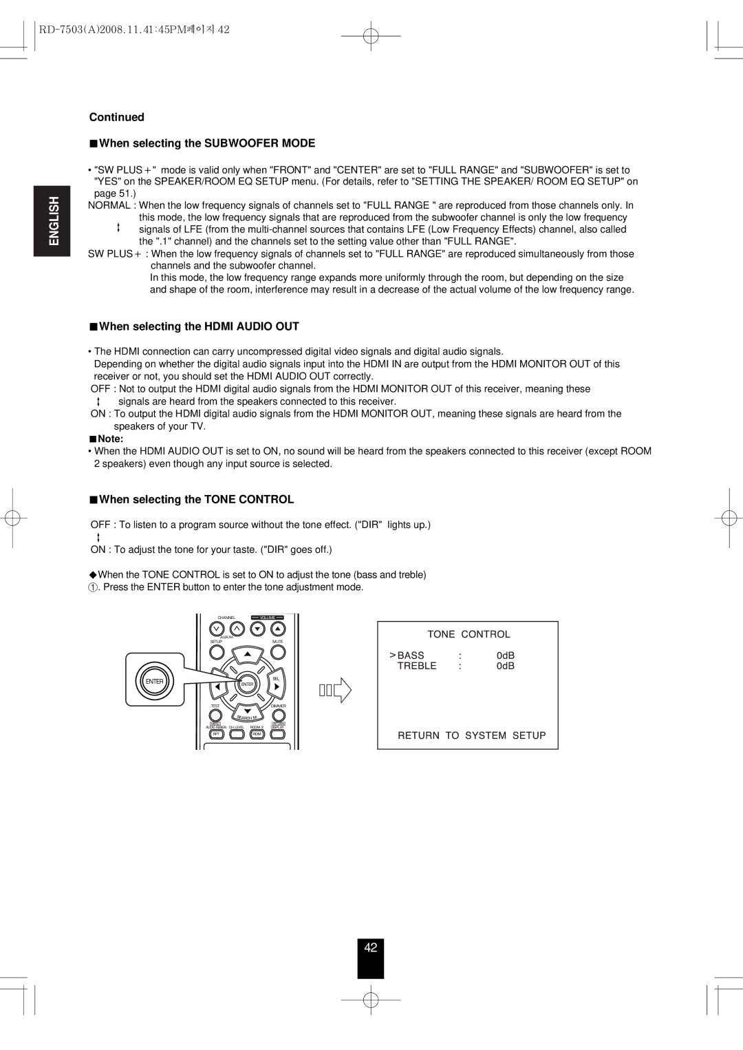 Sherwood RD-7503 When selecting the Subwoofer Mode, When selecting the Hdmi Audio OUT, When selecting the Tone Control 