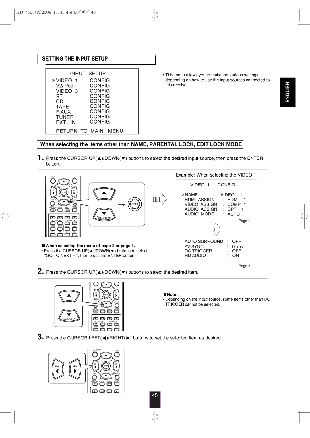 Sherwood RD-7503 manual Setting the Input Setup, When selecting the menu of page 2 or 