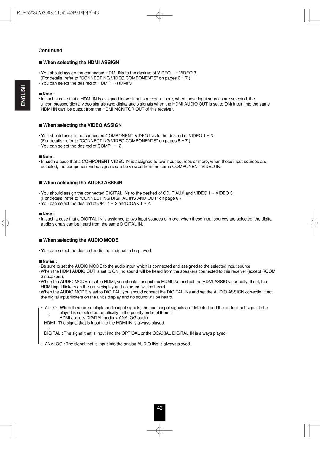 Sherwood RD-7503 manual When selecting the Hdmi Assign, When selecting the Video Assign, When selecting the Audio Assign 