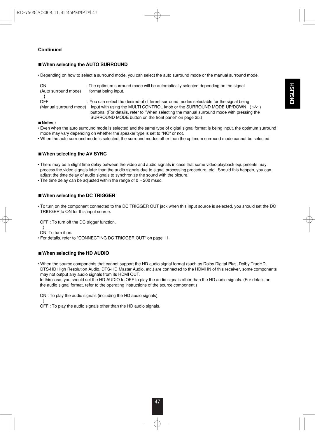 Sherwood RD-7503 manual When selecting the Auto Surround, When selecting the AV Sync, When selecting the DC Trigger, Off 