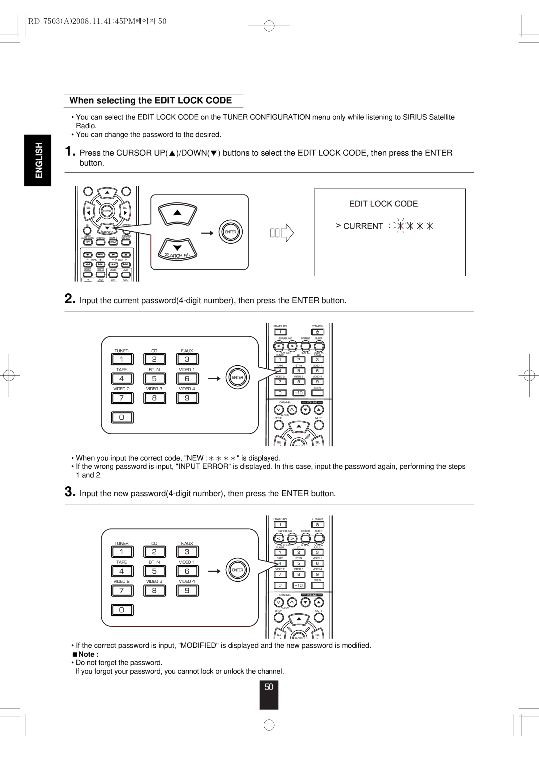 Sherwood RD-7503 manual When selecting the Edit Lock Code 