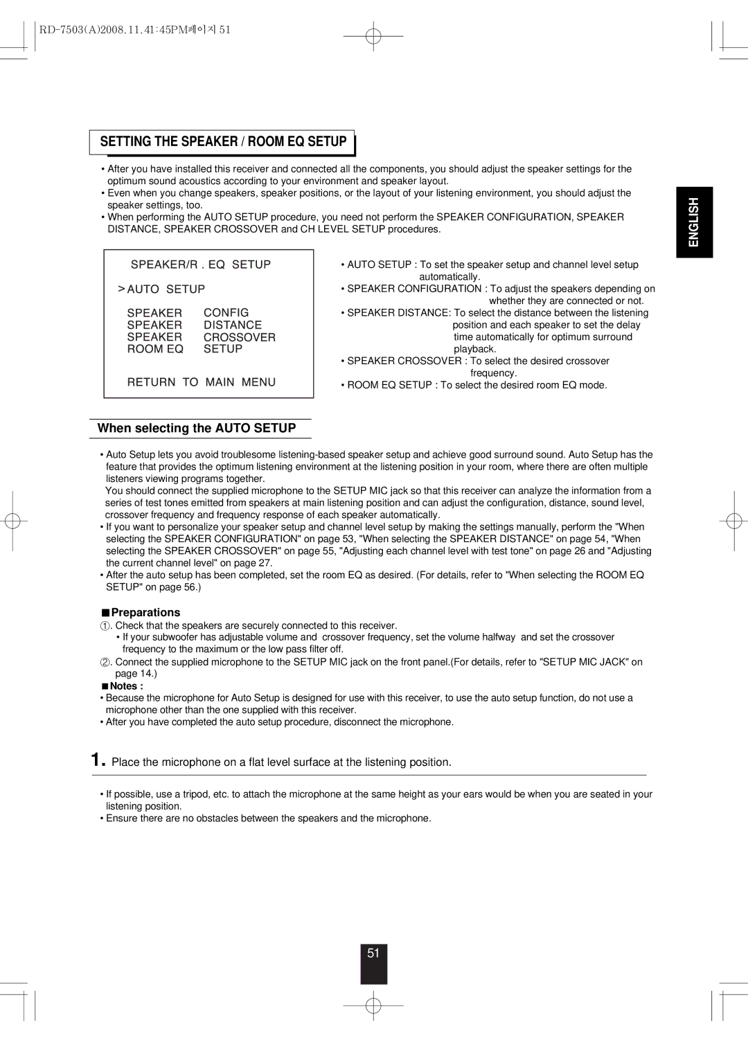 Sherwood RD-7503 manual Setting the Speaker / Room EQ Setup, When selecting the Auto Setup, Preparations 