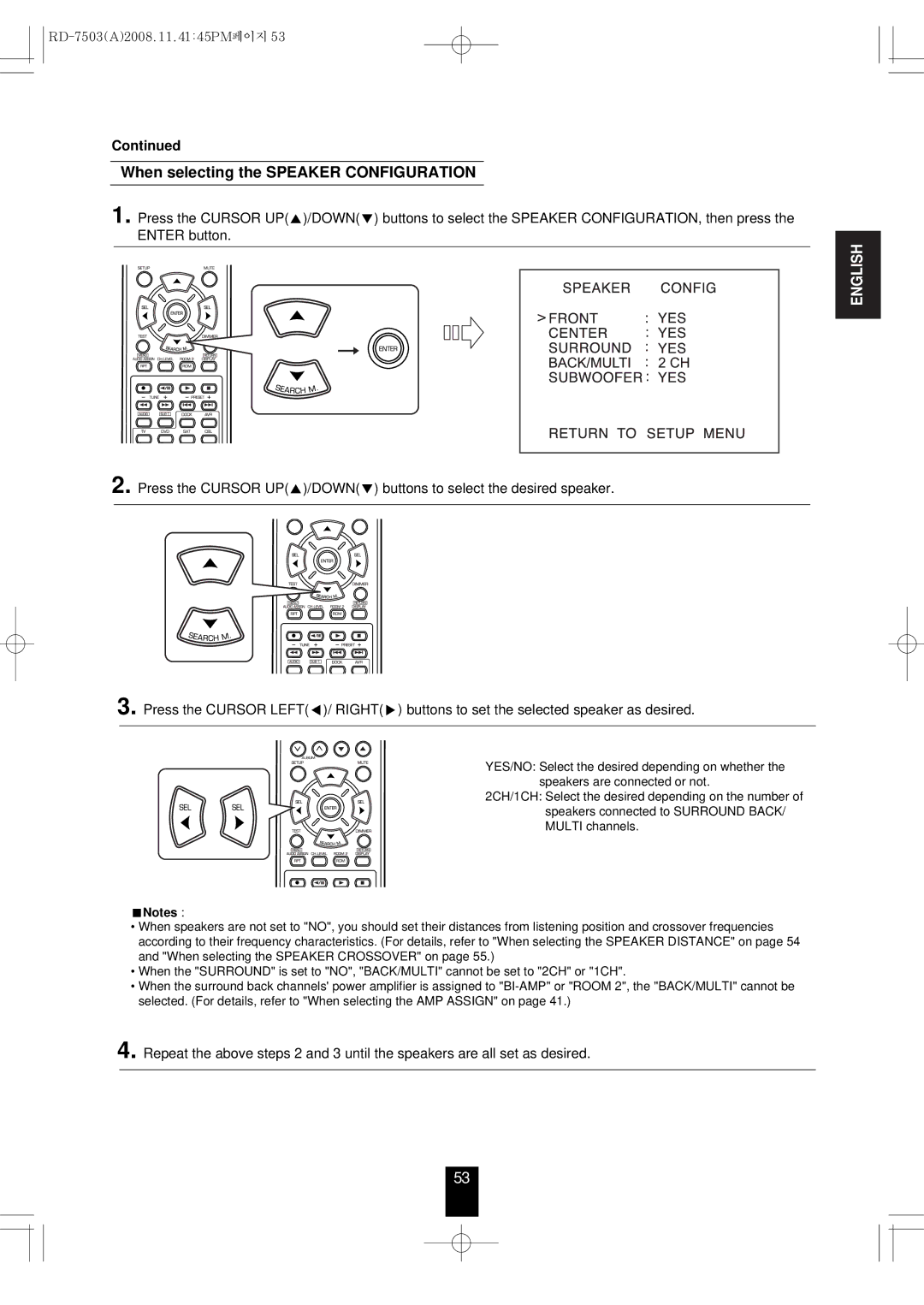 Sherwood RD-7503 manual When selecting the Speaker Configuration 