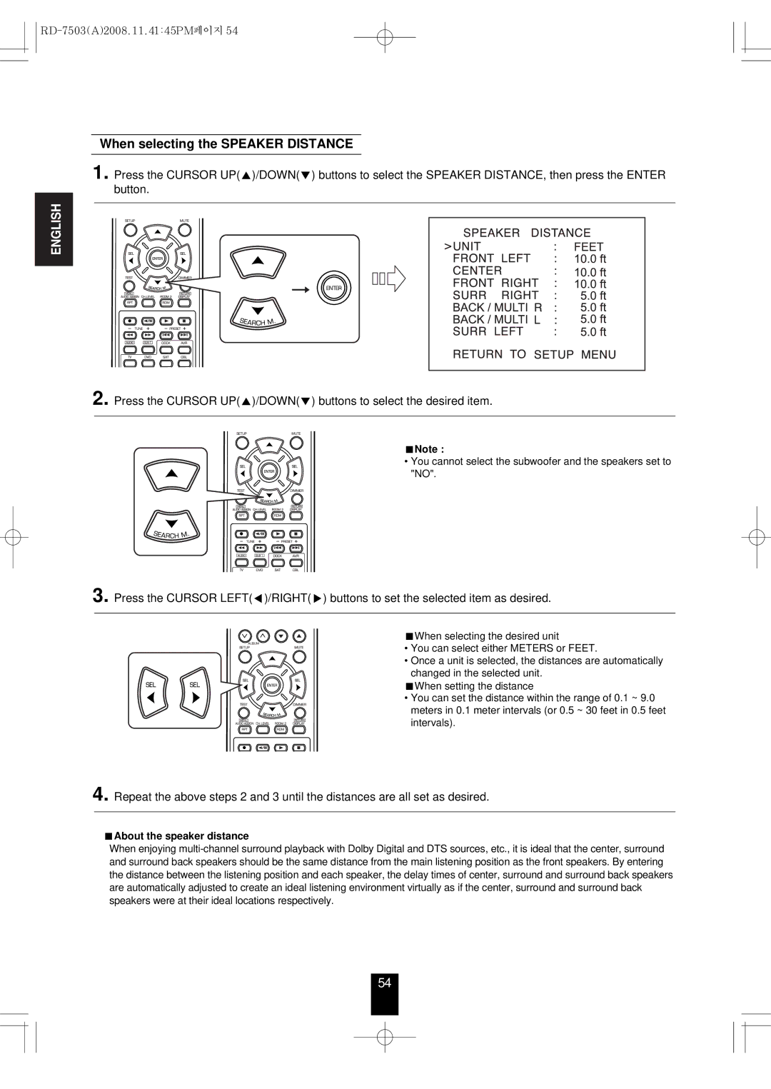 Sherwood RD-7503 manual When selecting the Speaker Distance, About the speaker distance 