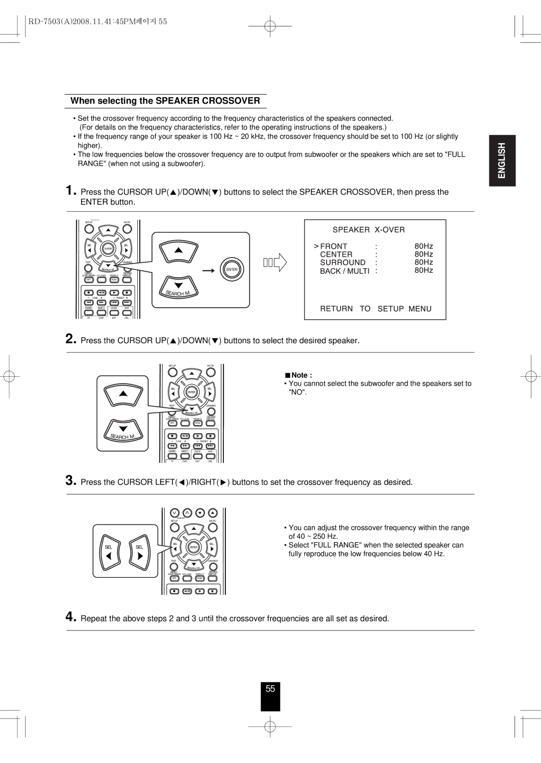 Sherwood RD-7503 manual When selecting the Speaker Crossover 