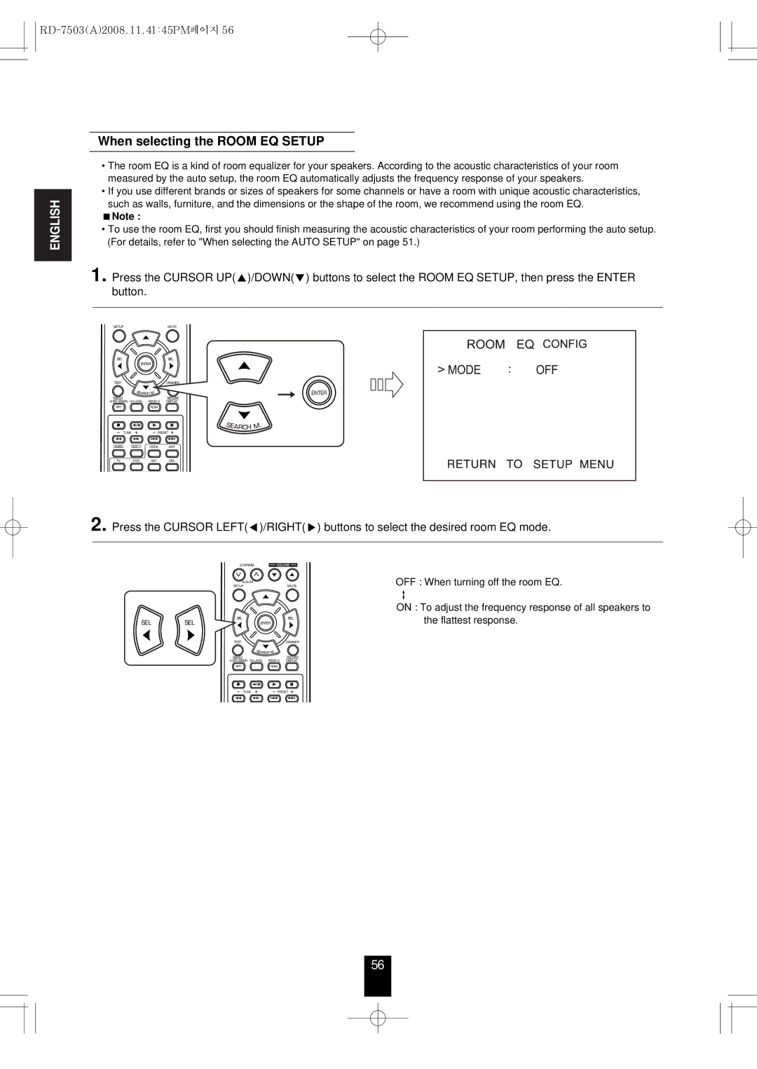 Sherwood RD-7503 manual When selecting the Room EQ Setup 