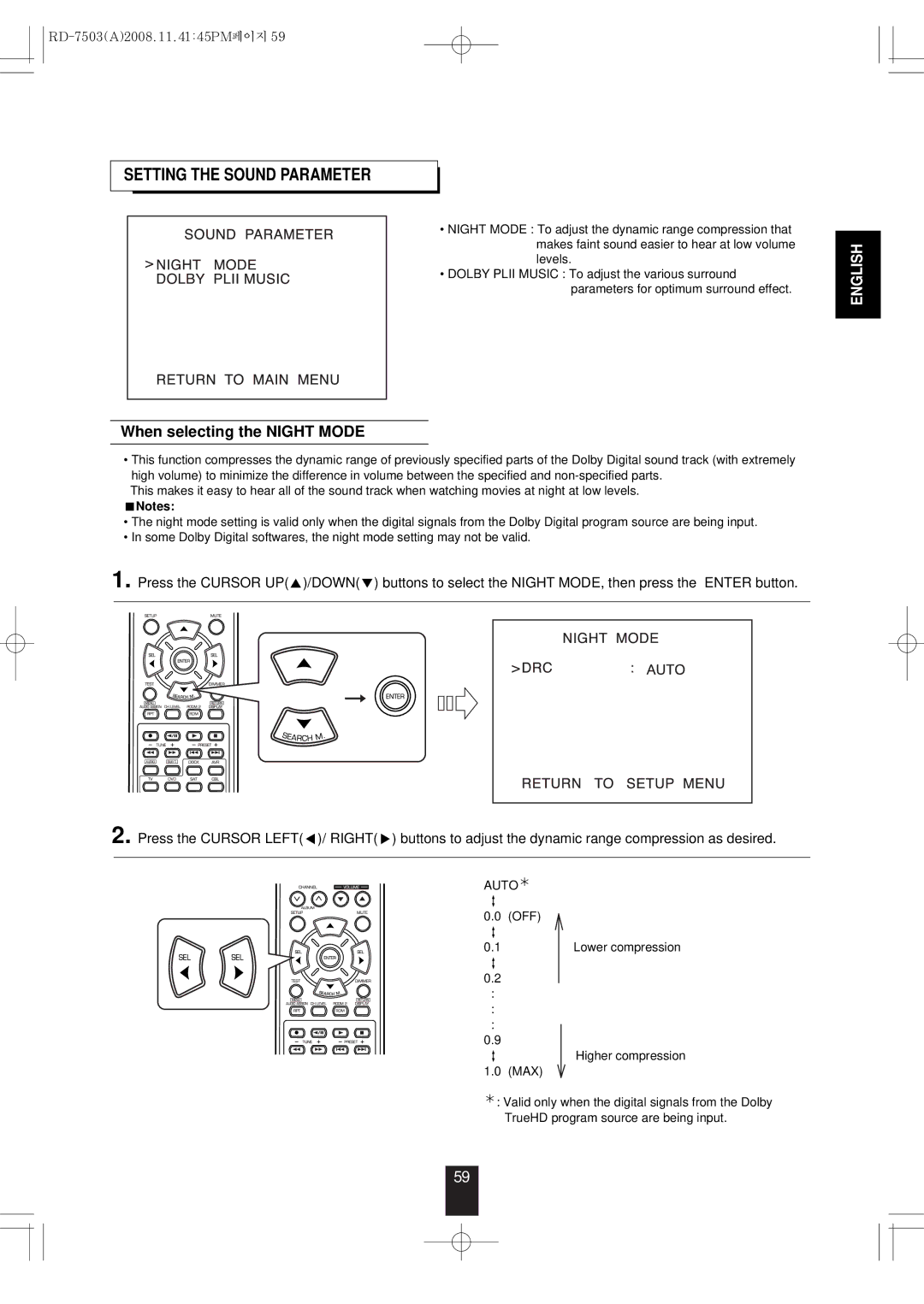 Sherwood RD-7503 manual Setting the Sound Parameter, When selecting the Night Mode, Auto 