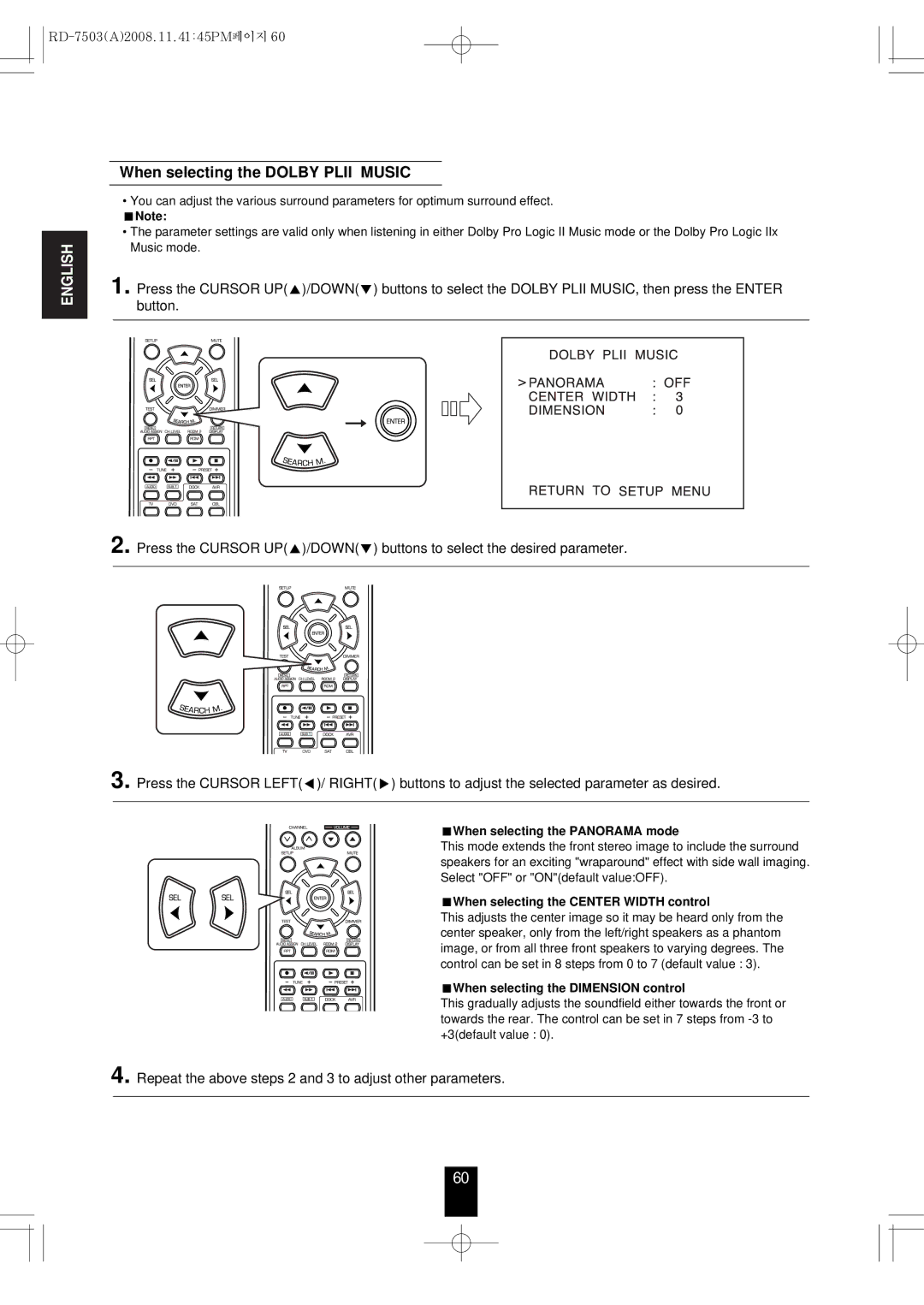 Sherwood RD-7503 manual When selecting the Dolby Plii Music, Repeat the above steps 2 and 3 to adjust other parameters 