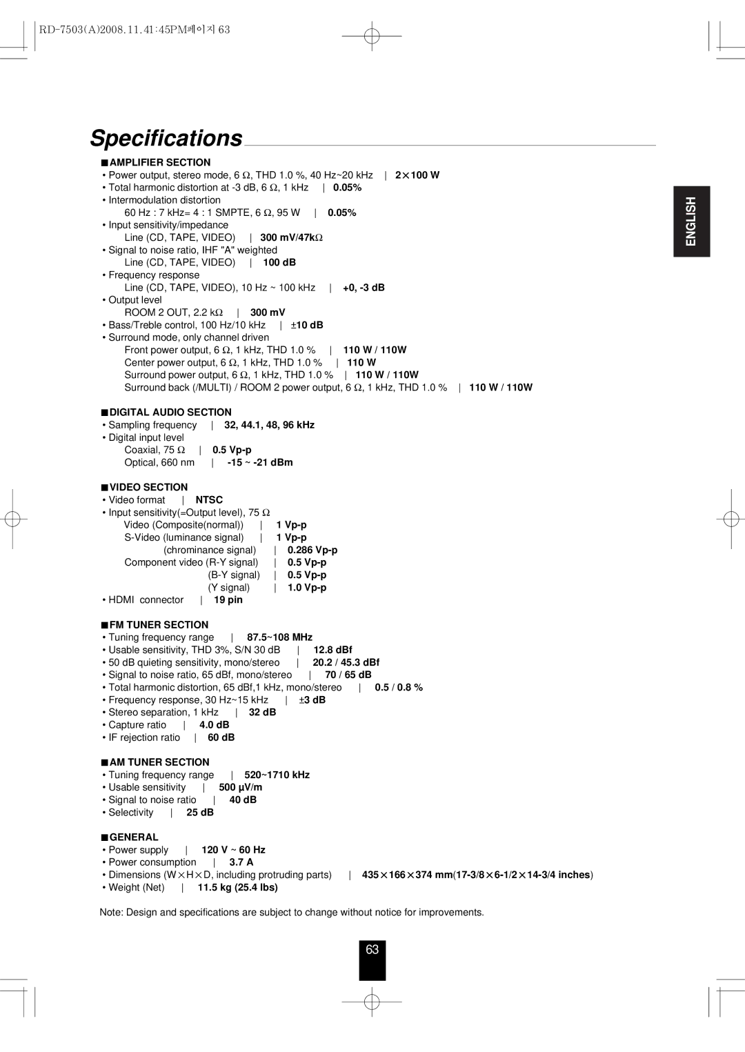 Sherwood RD-7503 manual Specifications 