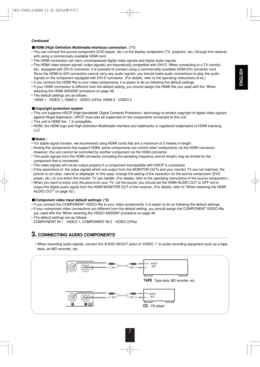 Sherwood RD-7503 manual Connecting Audio Components, Hdmi High Definition Multimedia Interface connection *1 