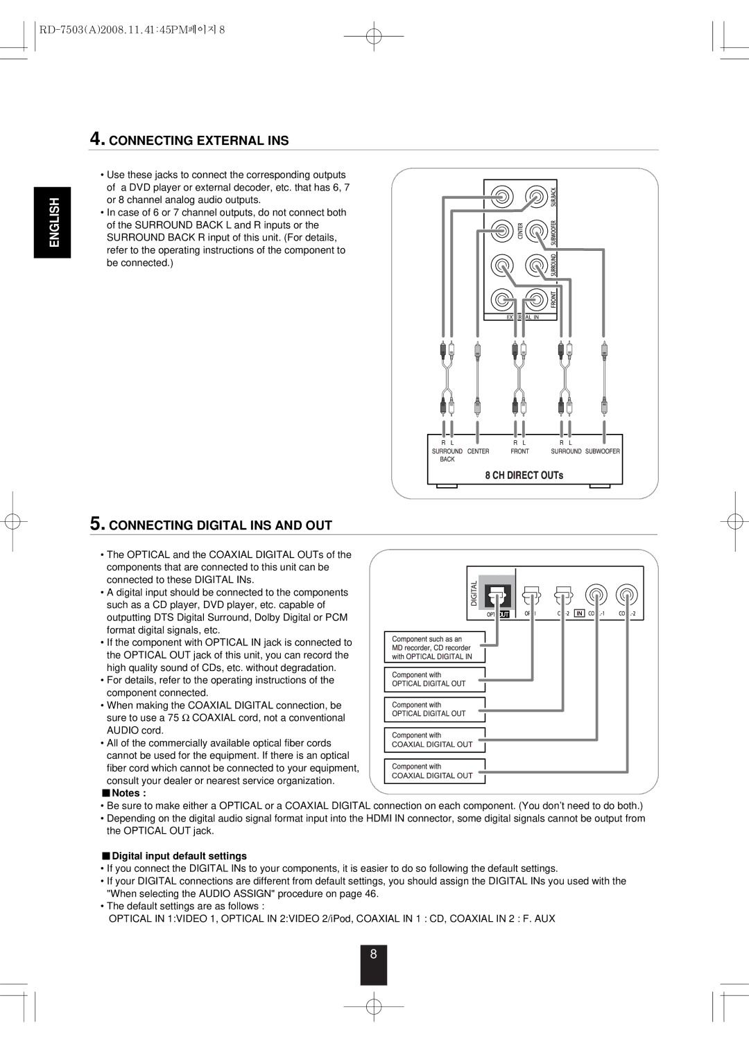 Sherwood RD-7503 manual Connecting External INS, Connecting Digital INS and OUT, Digital input default settings 