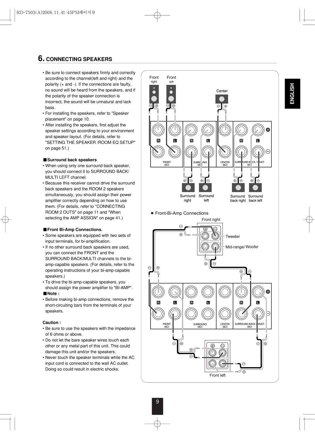 Sherwood RD-7503 manual Connecting Speakers, Surround back speakers, Front Bi-Amp Connections 