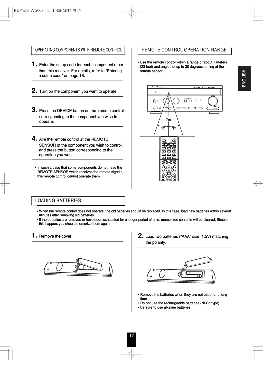 Sherwood RD-7503 manual Loading Batteries, Remote Control Operation Range, English 