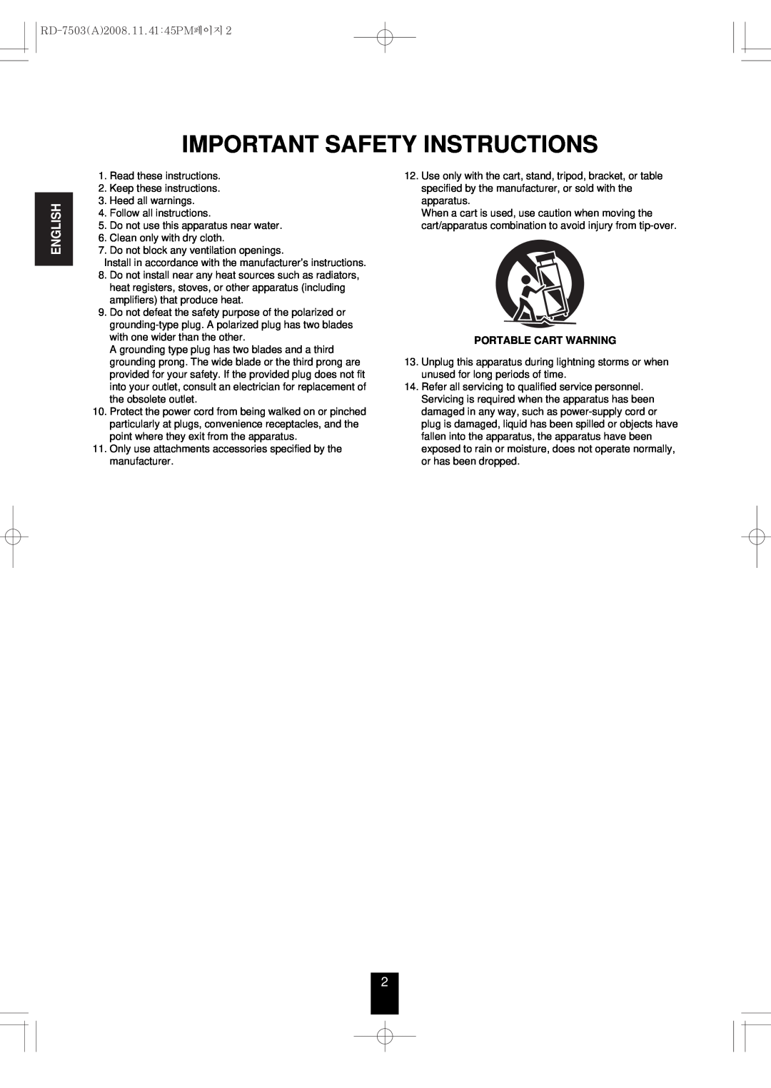 Sherwood manual English, Important Safety Instructions, RD-7503A2008.11.41 45PM페이지, Portable Cart Warning 