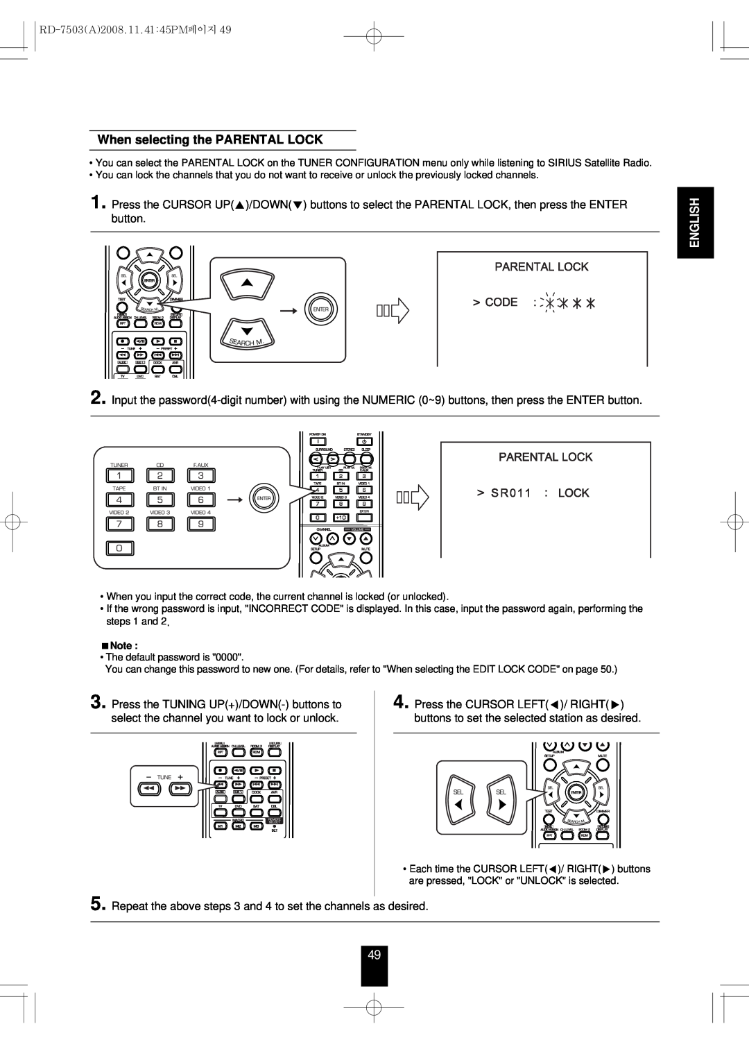 Sherwood RD-7503 manual When selecting the PARENTAL LOCK, English 