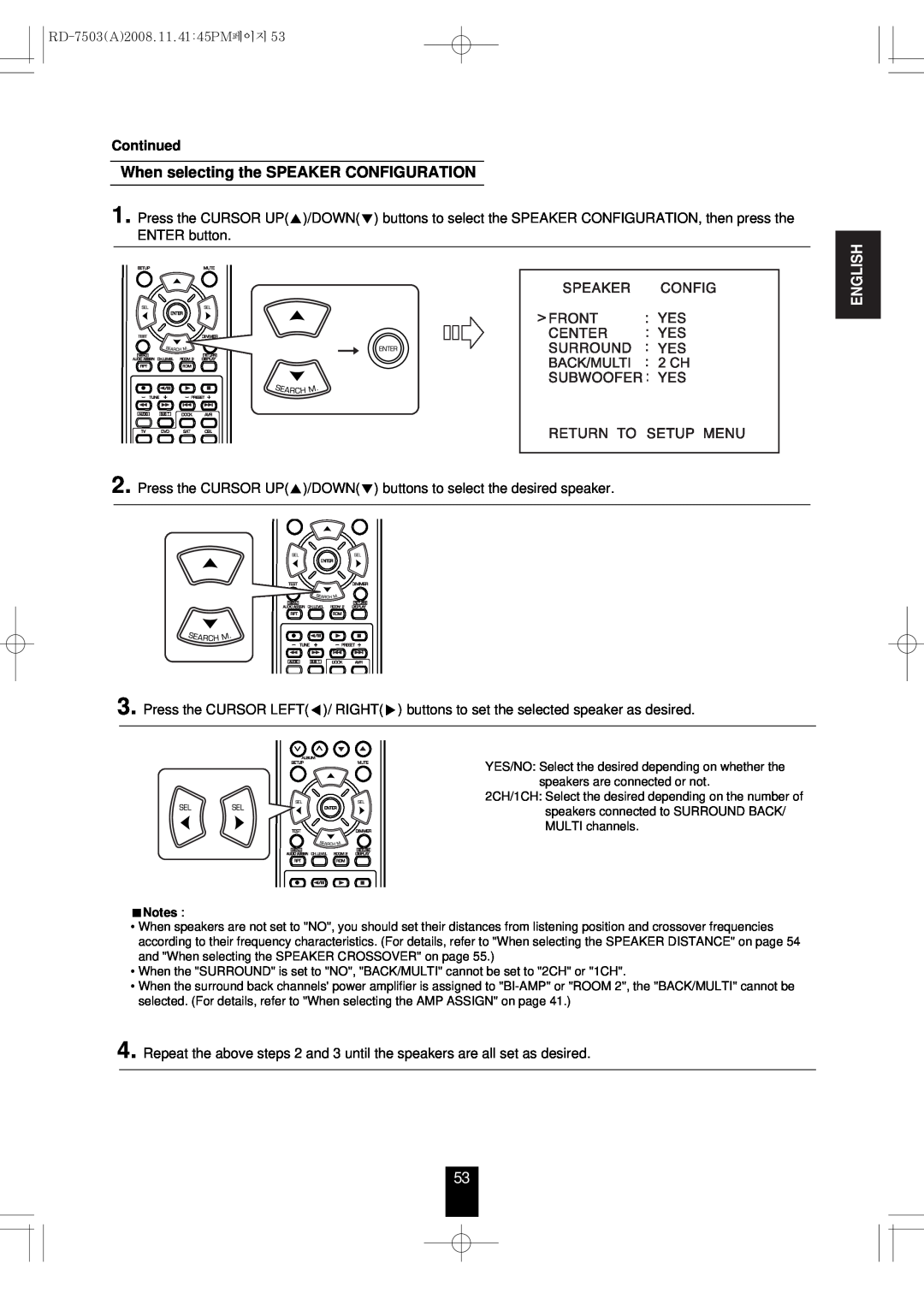 Sherwood RD-7503 manual When selecting the SPEAKER CONFIGURATION, Continued, English 