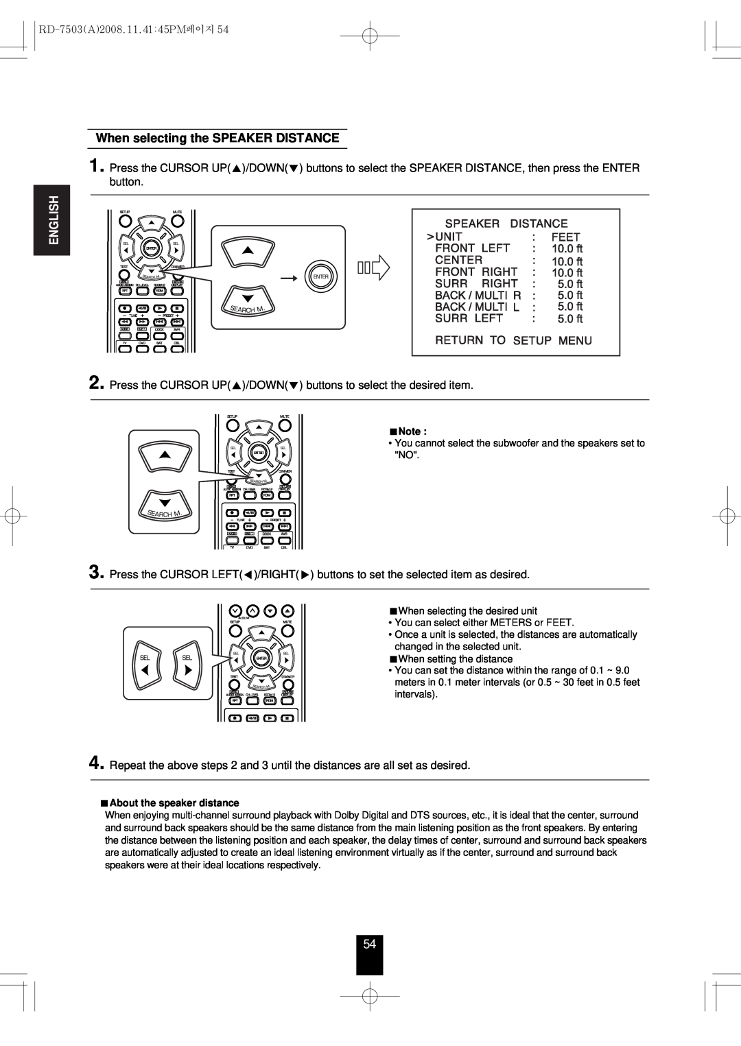 Sherwood RD-7503 manual When selecting the SPEAKER DISTANCE, English, About the speaker distance 