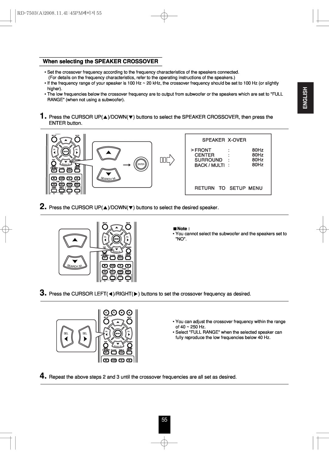 Sherwood RD-7503 manual When selecting the SPEAKER CROSSOVER, English 