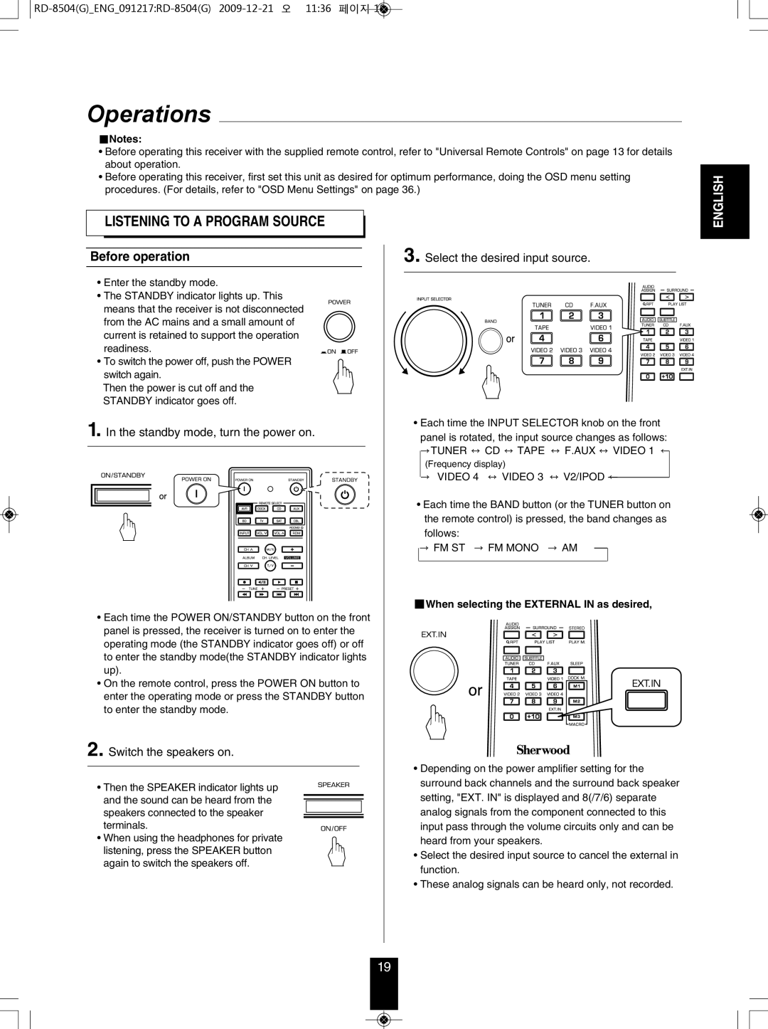 Sherwood RD-8504 manual Operations, Before operation, Standby mode, turn the power on, Switch the speakers on 