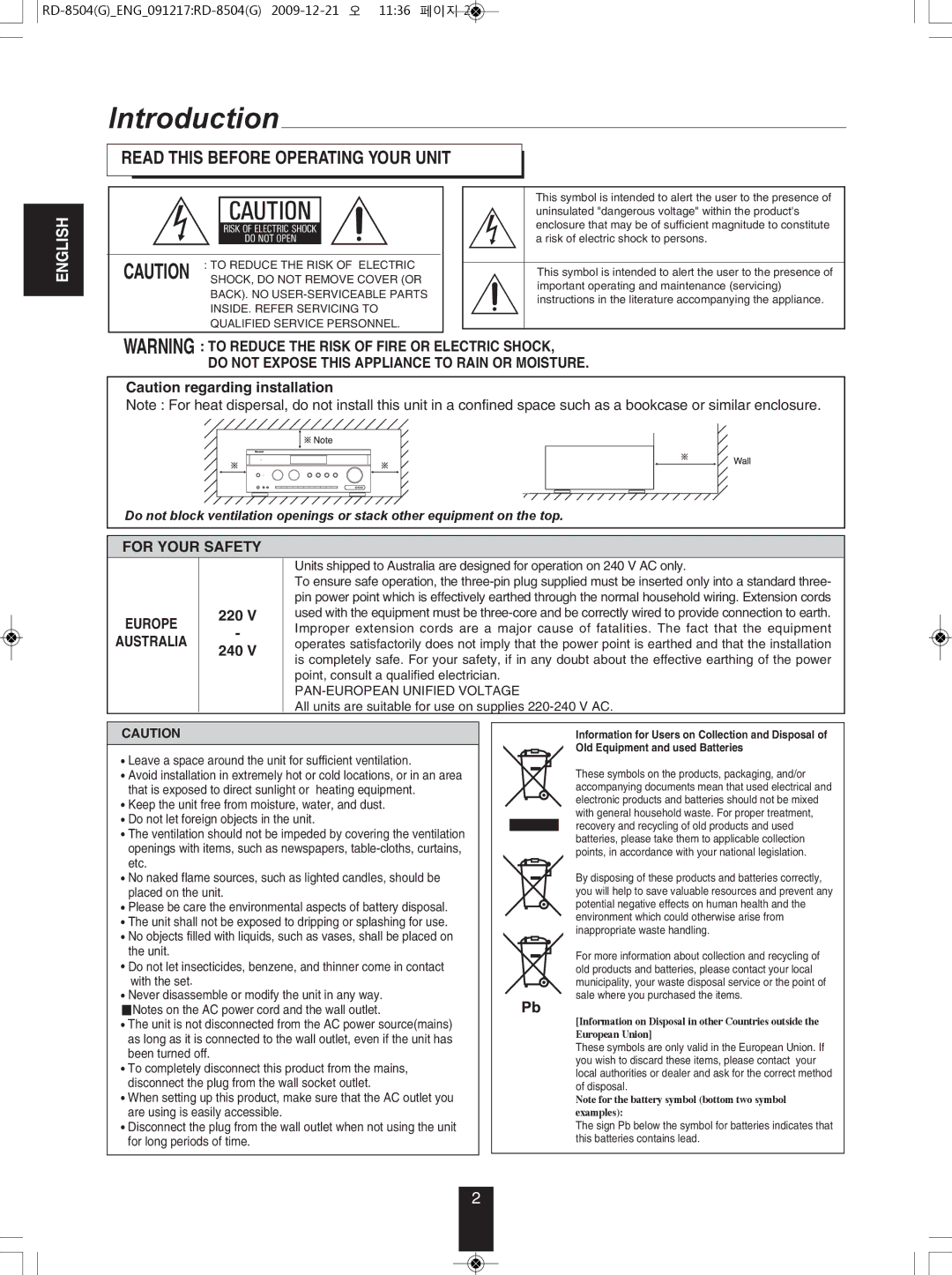 Sherwood RD-8504 manual Introduction, Do not ExPOSE this Appliance to Rain or mOISTURE, 220 240 