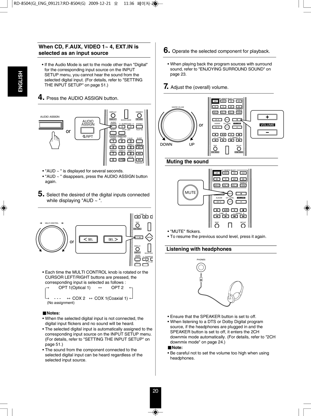 Sherwood RD-8504 Muting the sound, Listening with headphones, Press the Audio Assign button, Adjust the overall volume 