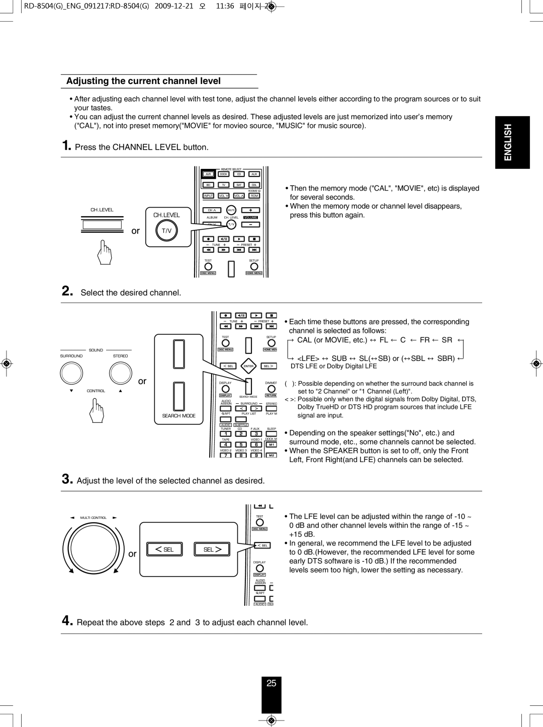 Sherwood RD-8504 manual Adjusting the current channel level, Press the Channel Level button, Select the desired channel 