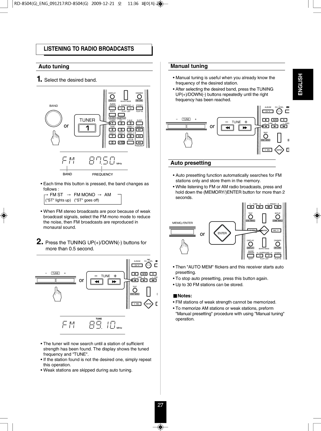 Sherwood RD-8504 manual Auto tuning, Manual tuning, Auto presetting, Select the desired band 