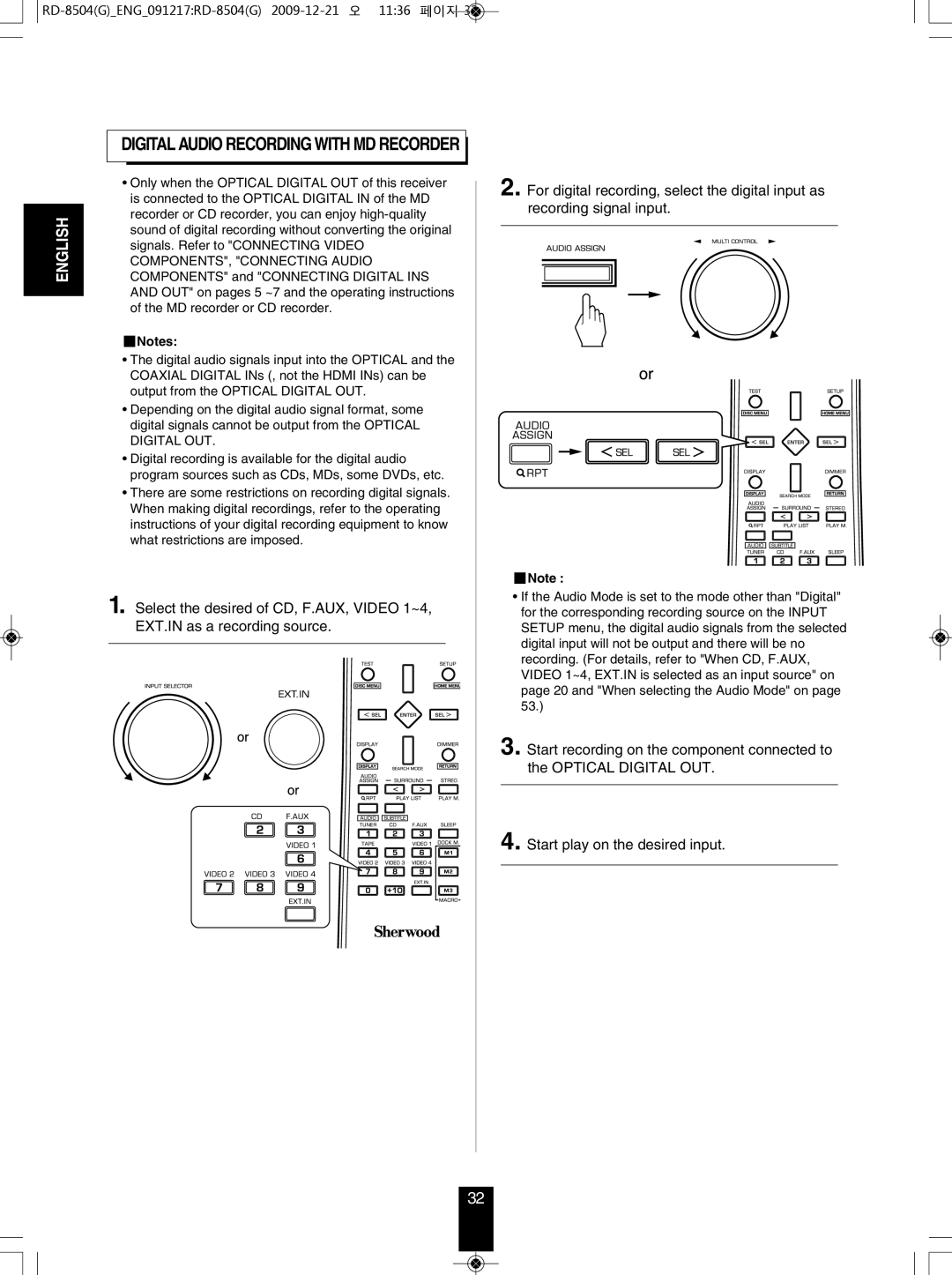 Sherwood RD-8504 manual Digital Audio Recording with mD Recorder 