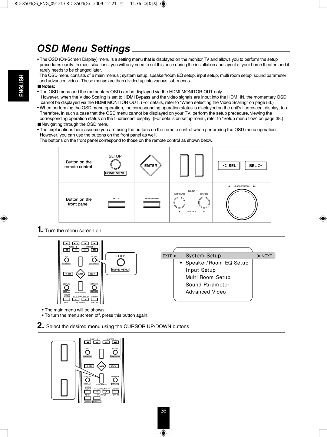 Sherwood RD-8504 OSD Menu Settings, Turn the menu screen on, Select the desired menu using the Cursor UP/DOWN buttons 