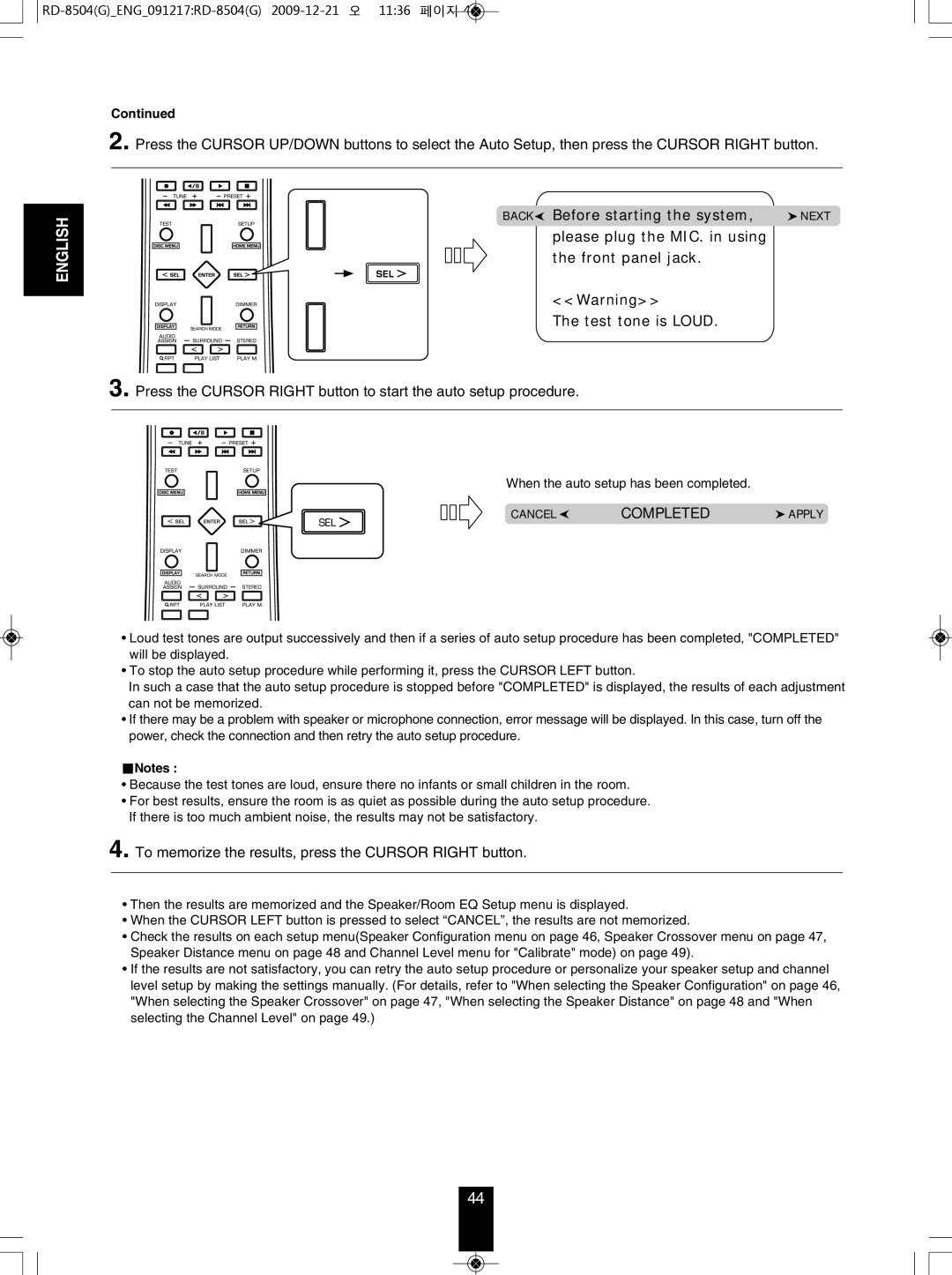 Sherwood RD-8504 manual To memorize the results, press the Cursor Right button 