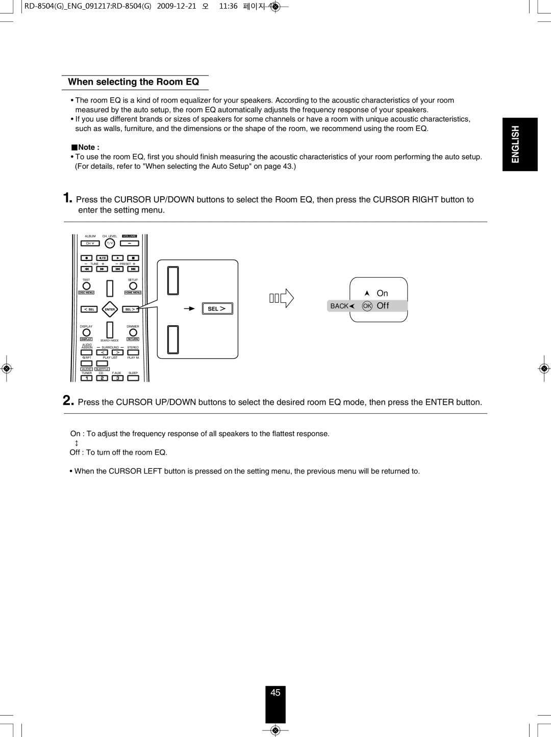 Sherwood RD-8504 manual When selecting the Room EQ 