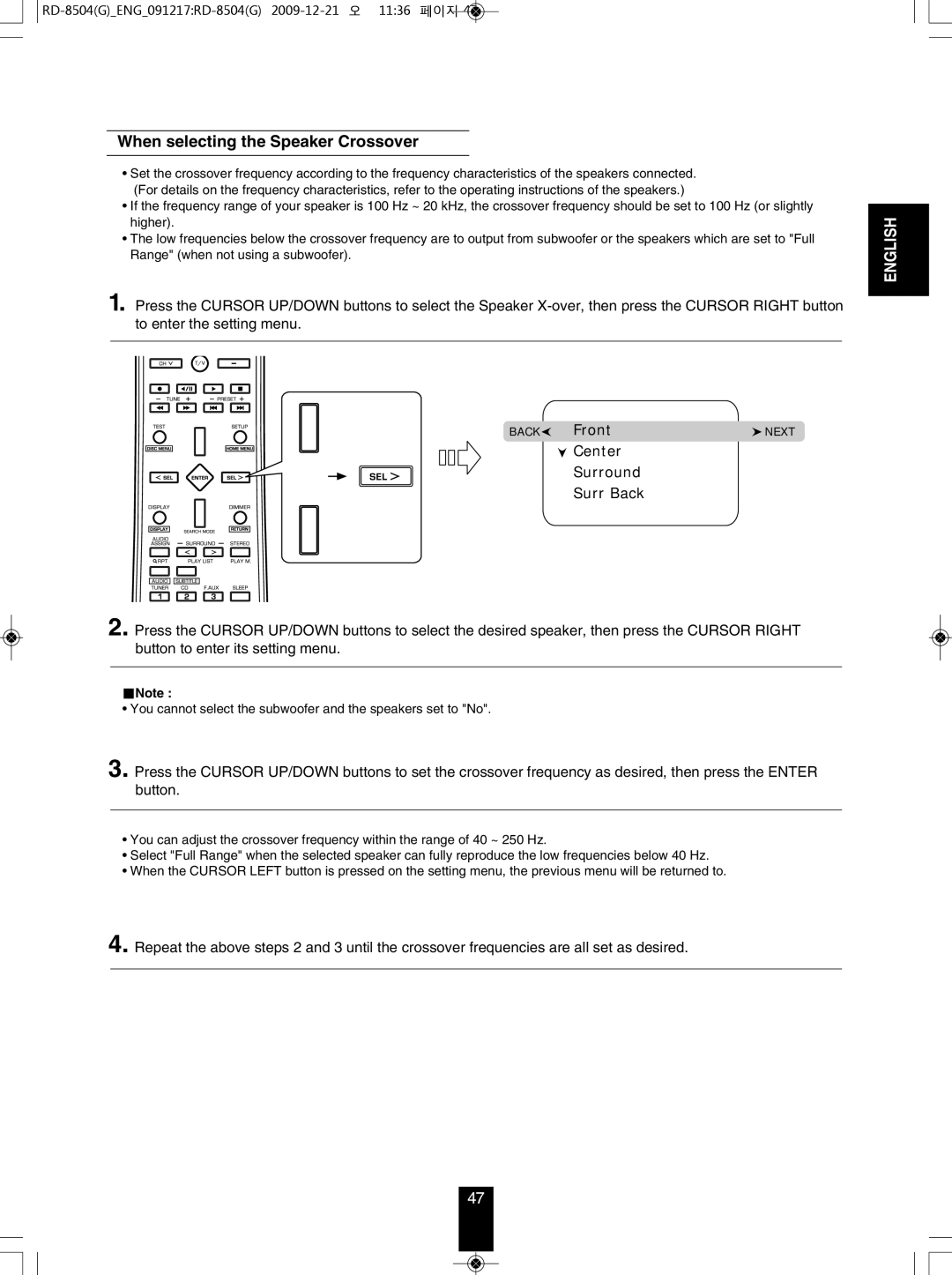 Sherwood RD-8504 manual When selecting the Speaker Crossover, Center Surround Surr Back 