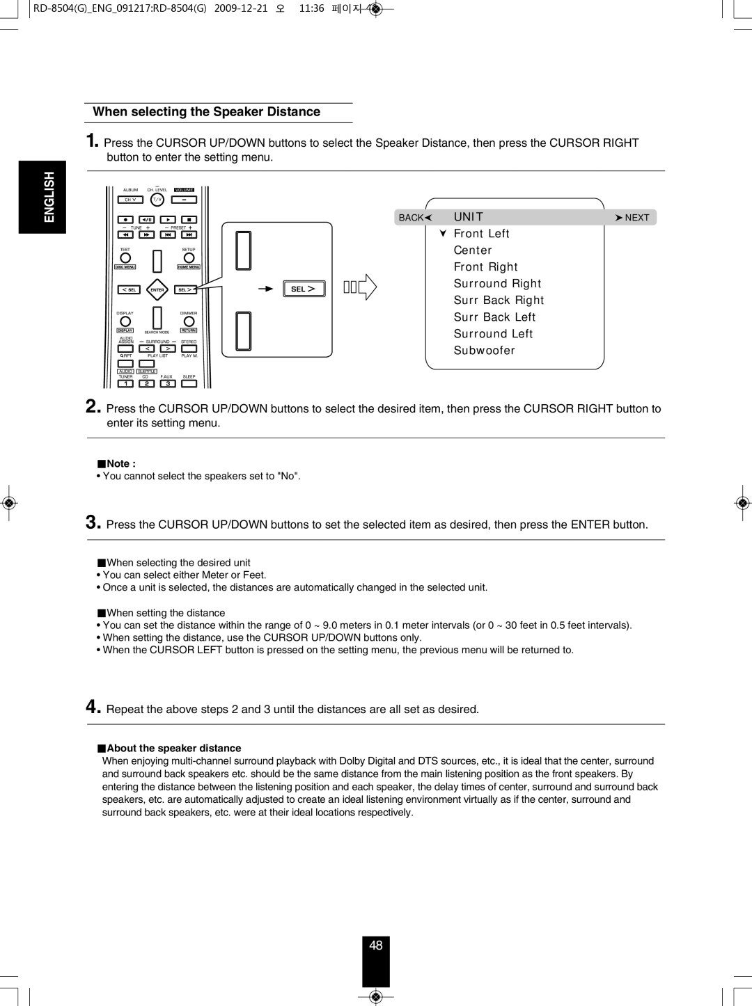 Sherwood RD-8504 manual When selecting the Speaker Distance, About the speaker distance 