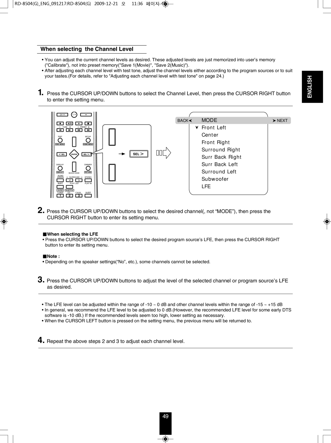 Sherwood RD-8504 manual When selecting the Channel Level, When selecting the LFE 