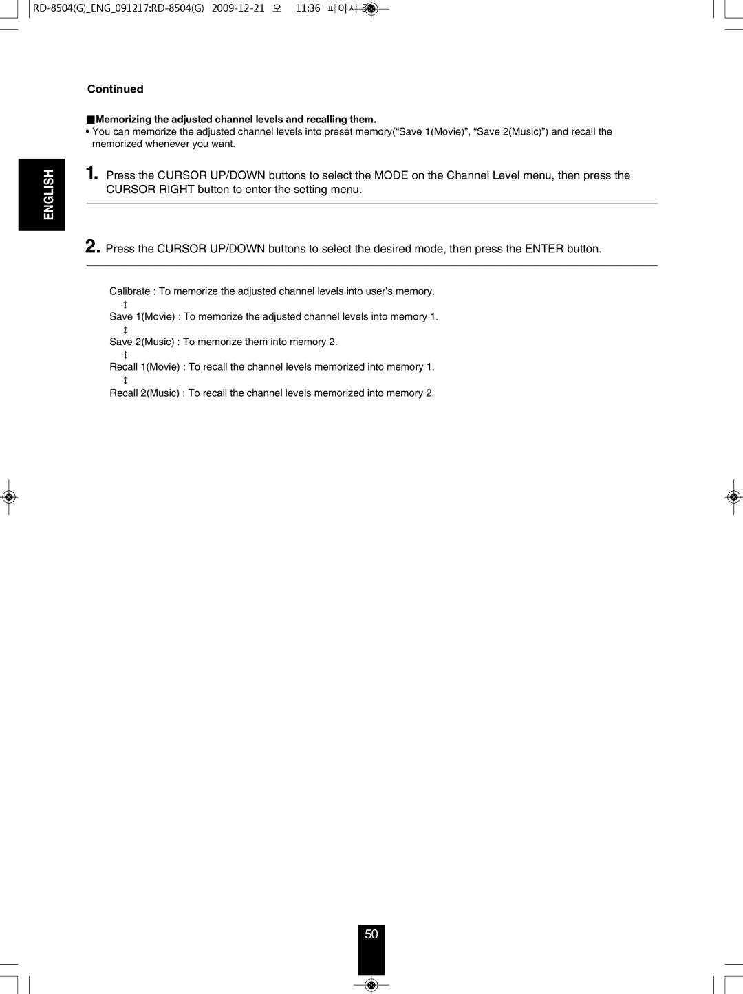 Sherwood RD-8504 manual Memorizing the adjusted channel levels and recalling them 