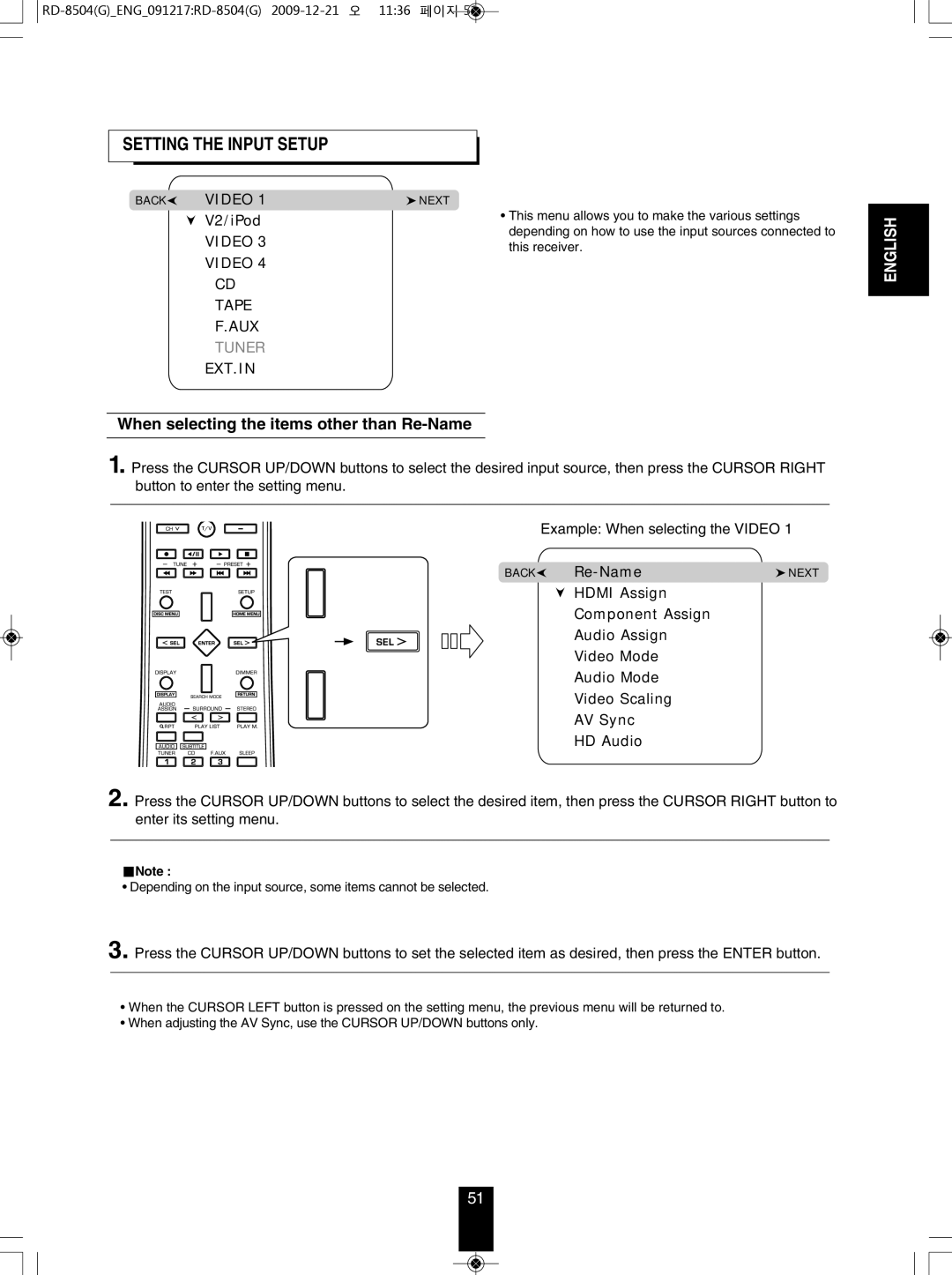 Sherwood RD-8504 manual Setting the Input Setup, When selecting the items other than Re-Name 