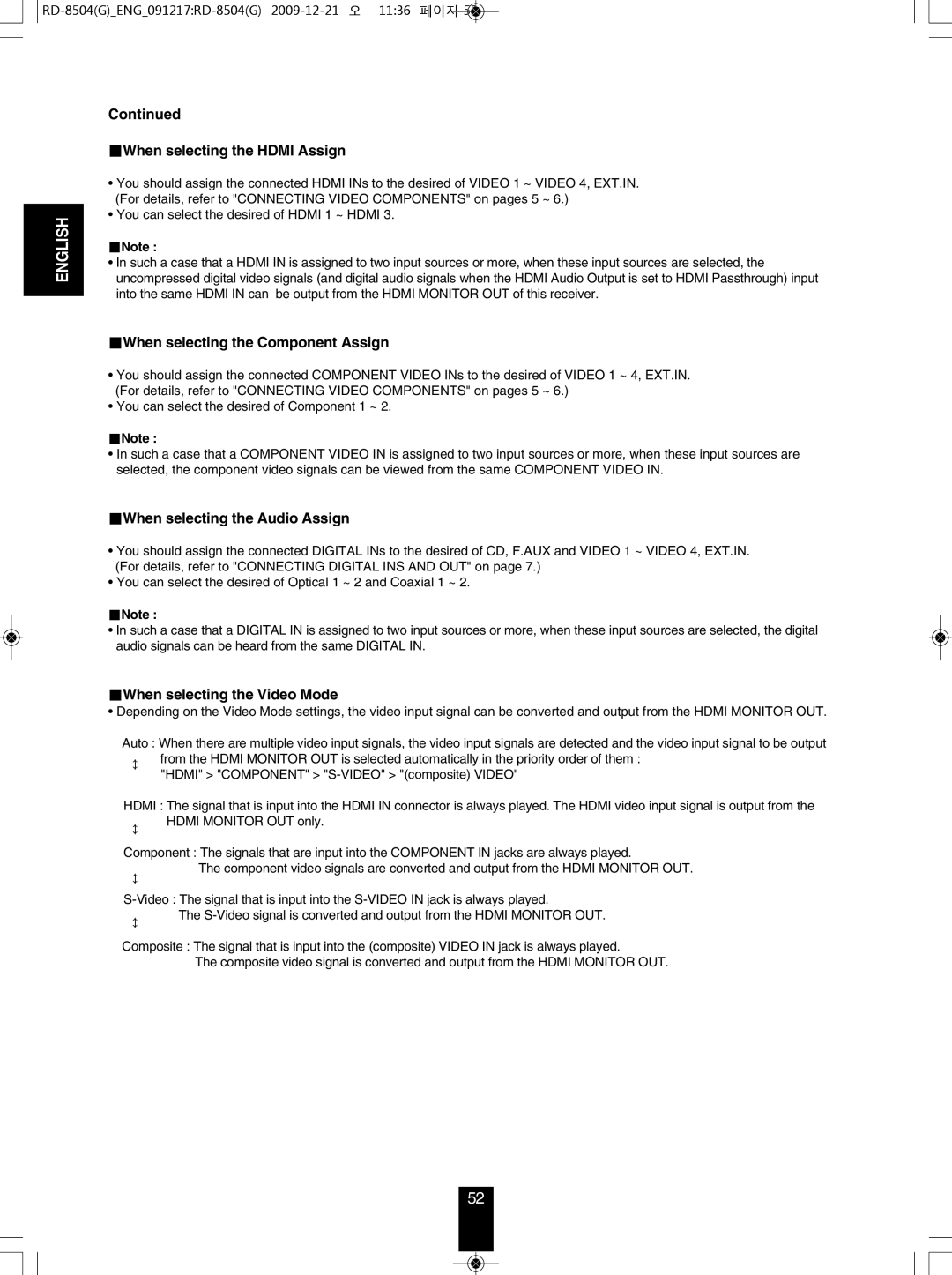 Sherwood RD-8504 When selecting the HDmI Assign, When selecting the Component Assign, When selecting the Audio Assign 