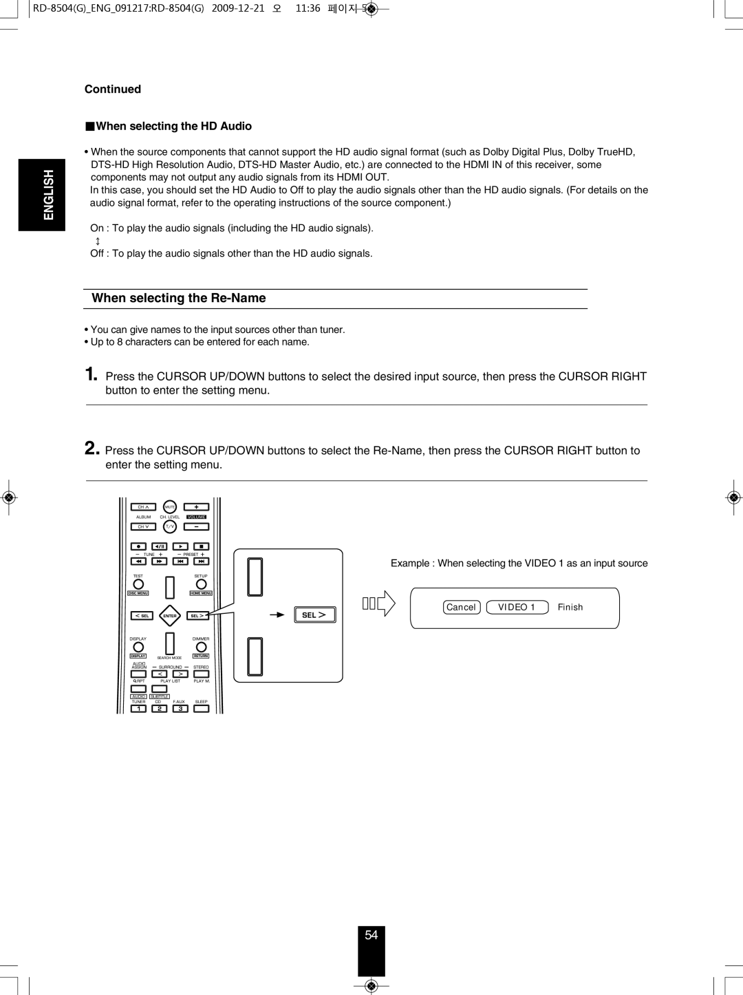 Sherwood RD-8504 manual When selecting the Re-Name, When selecting the HD Audio 