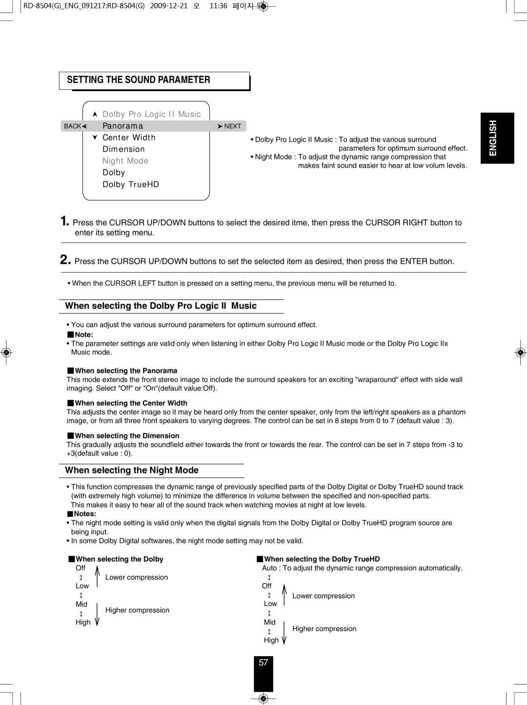 Sherwood RD-8504 manual When selecting the Dolby Pro Logic II music, When selecting the Night mode 