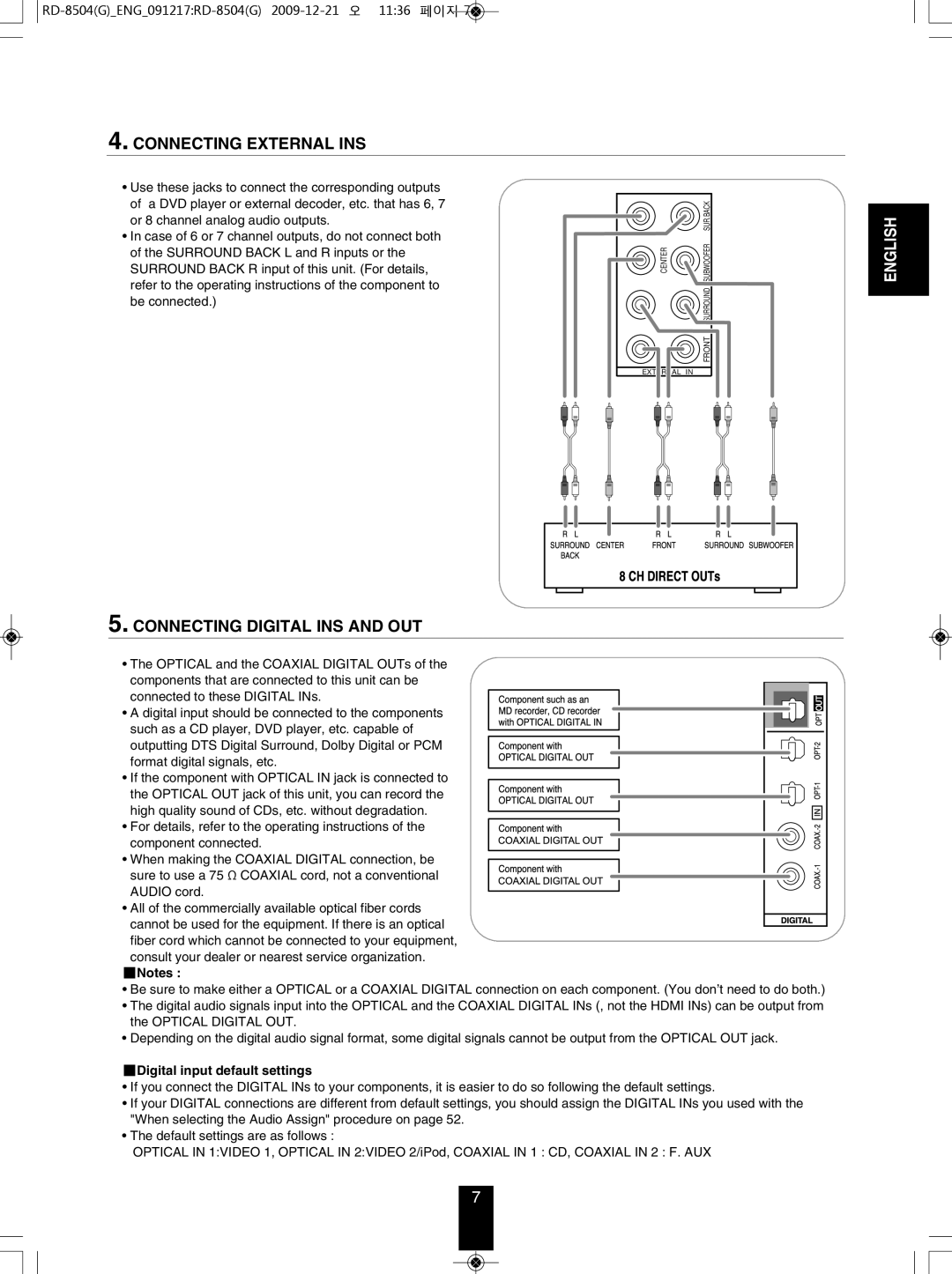 Sherwood RD-8504 manual Connecting ExTERNAL INS, Digital input default settings 