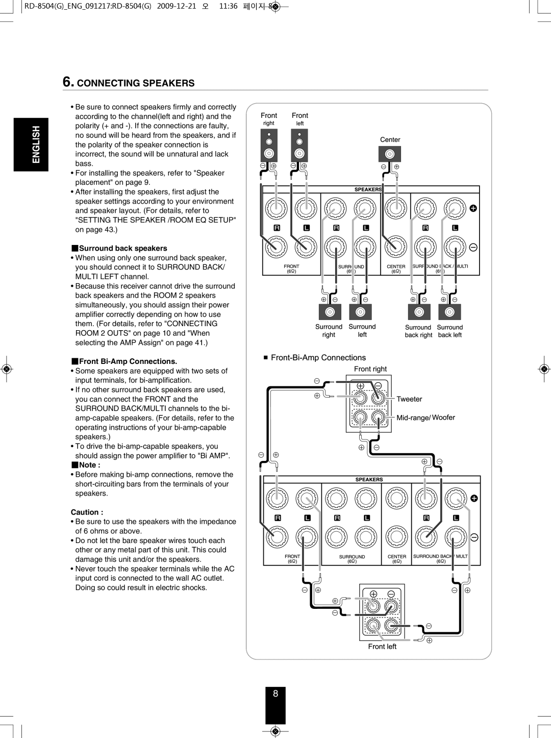 Sherwood RD-8504 manual Connecting SPEAkERS, Surround back speakers, Front Bi-Amp Connections 