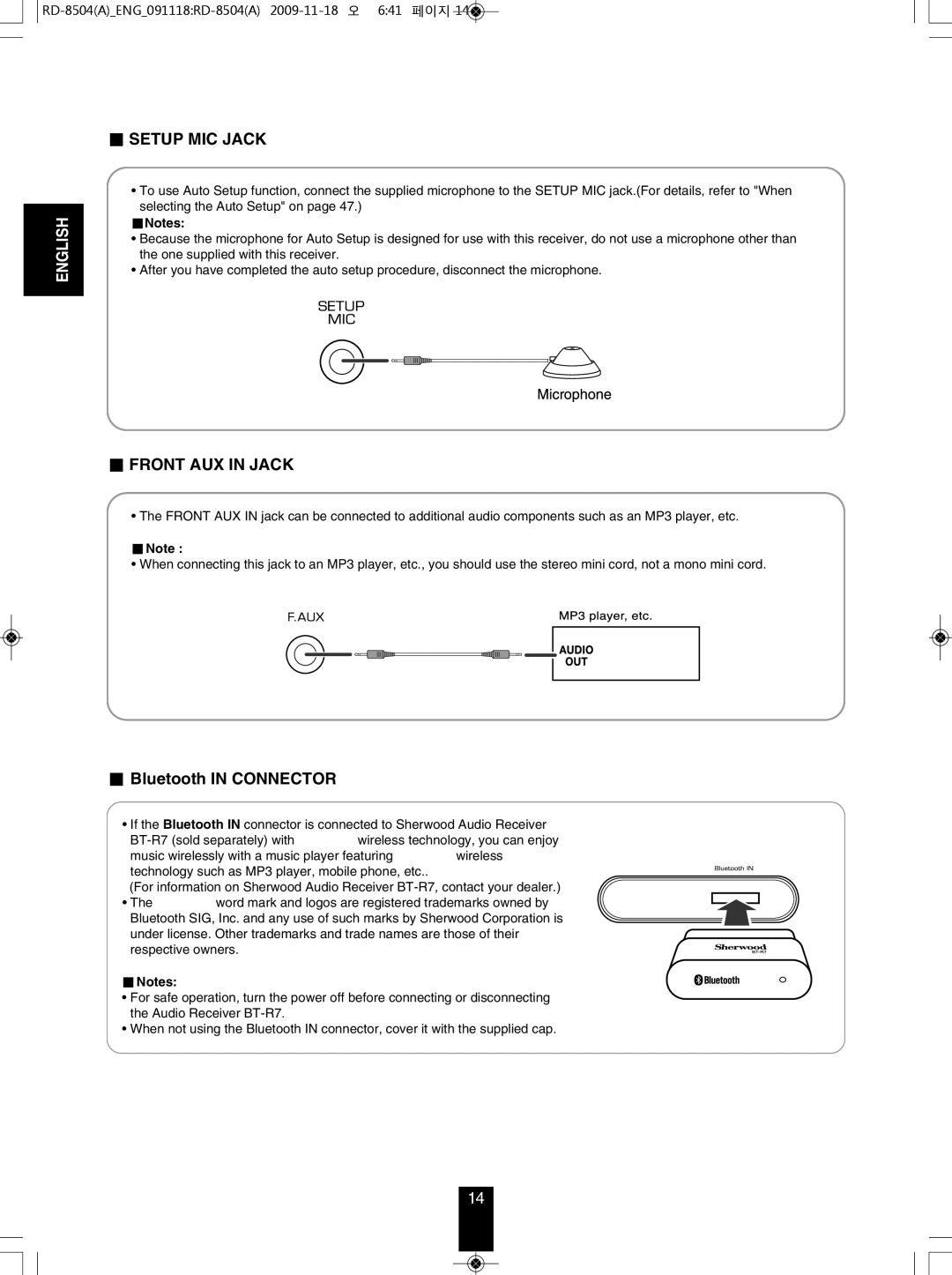 Sherwood RD-8504 manual Setup MIC JACk, Front AUx in JACk, Bluetooth in Connector 