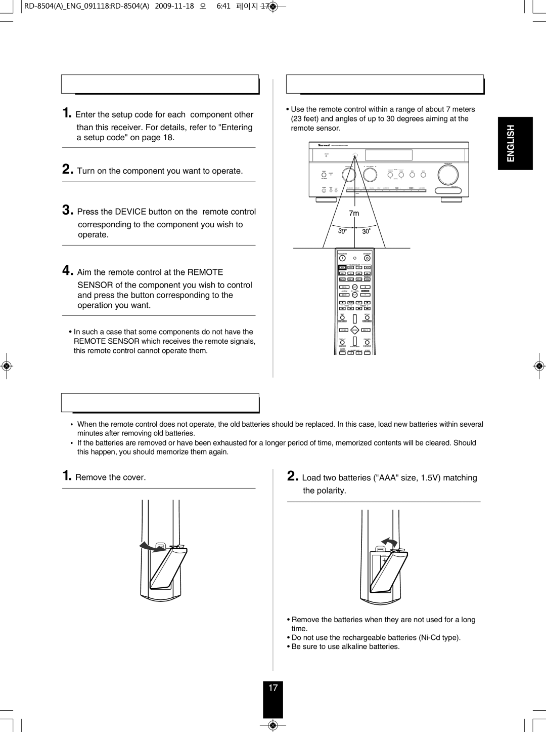 Sherwood RD-8504 manual ReMote contRoL oPeRAtIon RAnGe 