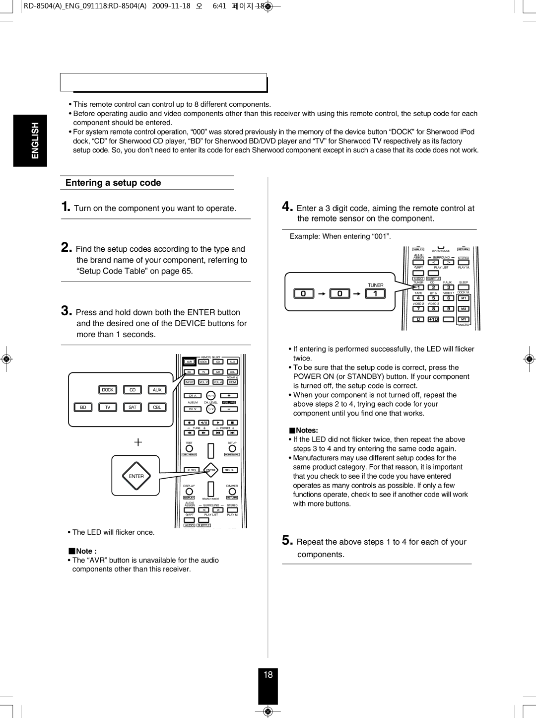 Sherwood RD-8504 manual Entering a setup code, Repeat the above steps 1 to 4 for each of your Components 